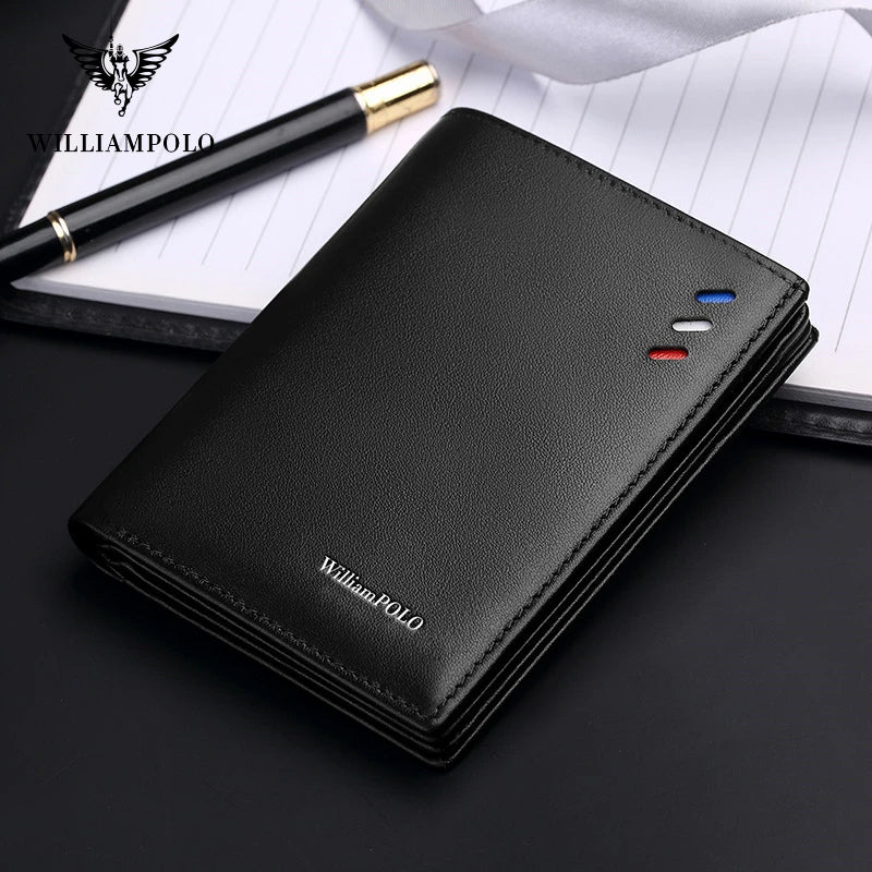 WILLIAMPOLO Wallets Men 100% Genuine Leather Money Bag Male Black Cow Leather Walet Pocket Rfid Card Holder Wallet for Man