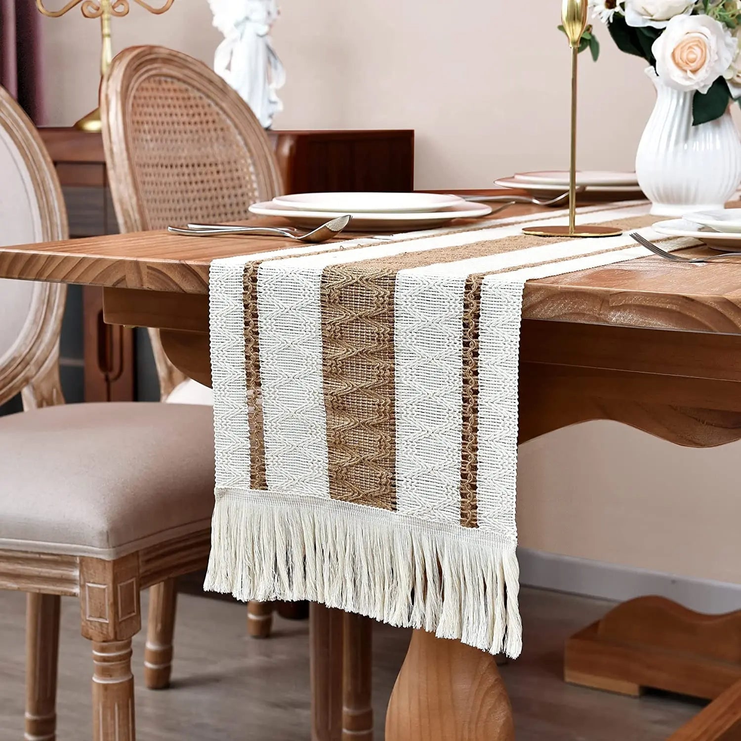 30x180cm Table Runner Natural Cotton Burlap Striped Splicing Bohemian Style Tables Runner With Tassels Dining Wedding Home Decor